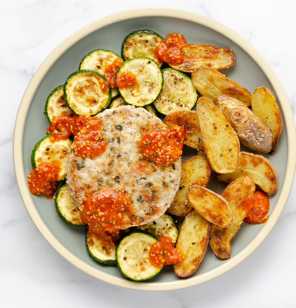 BRUSCHETTA CHICKEN PATTY WITH CRISPY POTATOES