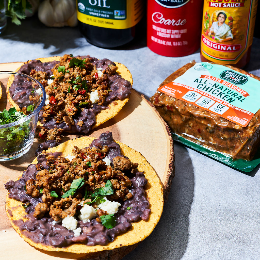 FAJITA CHICKEN TOSTADAS WITH SMOKEY BLACK BEANS