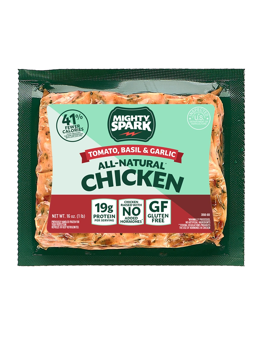 Tomato, basil and garlic ground chicken packaging